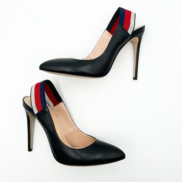 Gucci Sylvie Pumps Web Stripe Black Leather Slingback Heels Size 40, 10 - Picture 8 of 13